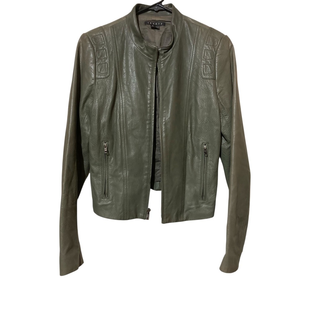 Theory Womens Olive Green Lambskin Leather Jacket‎ Mock Neck Quilted Shoulder M
